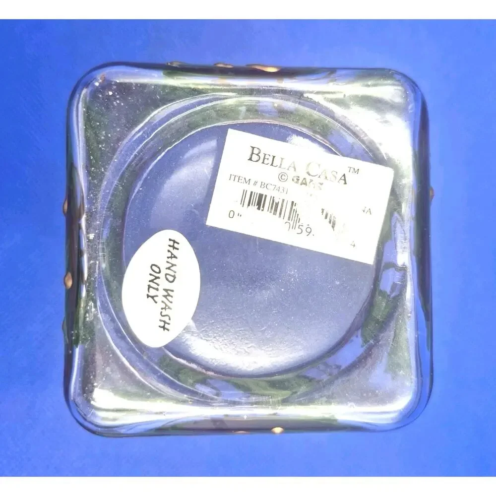 GANZ Bella Casa Handpainted Square Glass Candle Holder Holly Berries 2.5